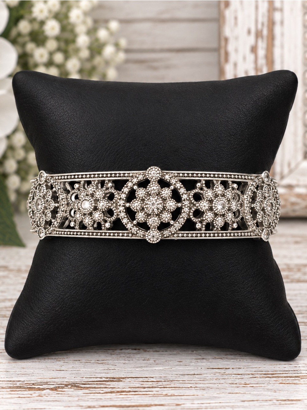 Rare Judith Ripka Diamonique Garland Hinged Sterling Silver Cuff Bracelet